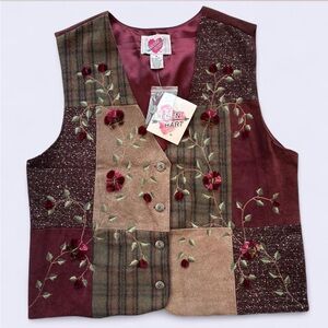 Keren Hart NWT patchwork leather & wool vest w embroidered floral details